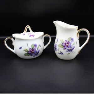 Vintage Porcelain Creamer Sugar Set by Royal Sealy Japan Purple Violet Floral
